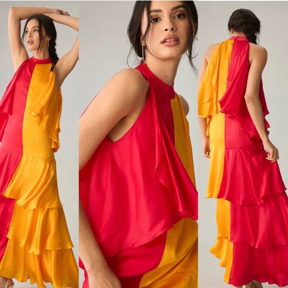 Anthropologie Pinnacle by Shruti Sancheti Mock-Neck Colorblock Ruffle Dress New